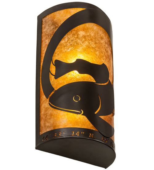 Meyda Lighting Personalized 10" 2-Light Oil Rubbed Bronze Q Fish Wall Sconce With Amber Mica Shade Glass