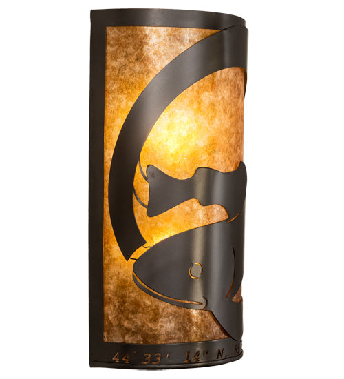 Meyda Lighting Personalized 10" 2-Light Oil Rubbed Bronze Q Fish Wall Sconce With Amber Mica Shade Glass