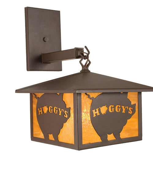 Meyda Lighting Personalized 10" Cafe Noir Hoggy's Hanging Wall Sconce With Amber Shade Glass