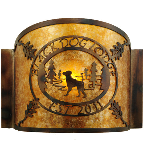 Meyda Lighting Personalized 12" Burnished Antique Copper Black Dog Lodge Wall Sconce With Amber Mica Shade Glass