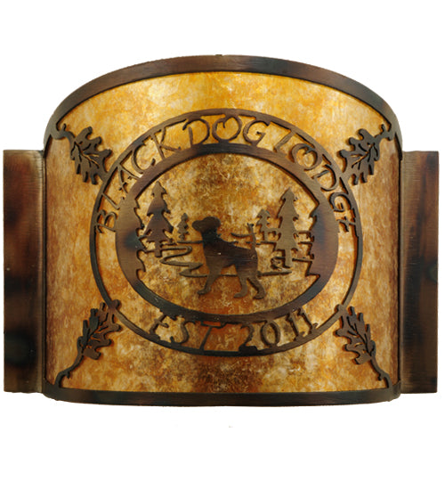 Meyda Lighting Personalized 12" Burnished Antique Copper Black Dog Lodge Wall Sconce With Amber Mica Shade Glass