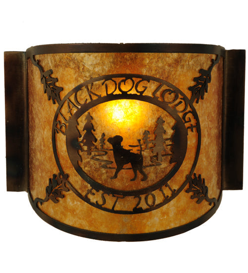 Meyda Lighting Personalized 12" Burnished Antique Copper Black Dog Lodge Wall Sconce With Amber Mica Shade Glass