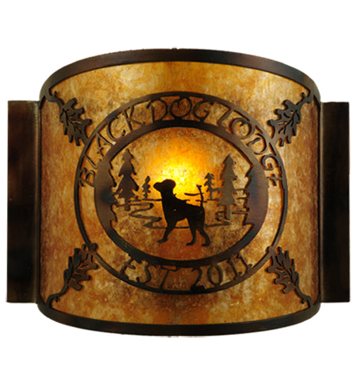 Meyda Lighting Personalized 12" Burnished Antique Copper Black Dog Lodge Wall Sconce With Amber Mica Shade Glass