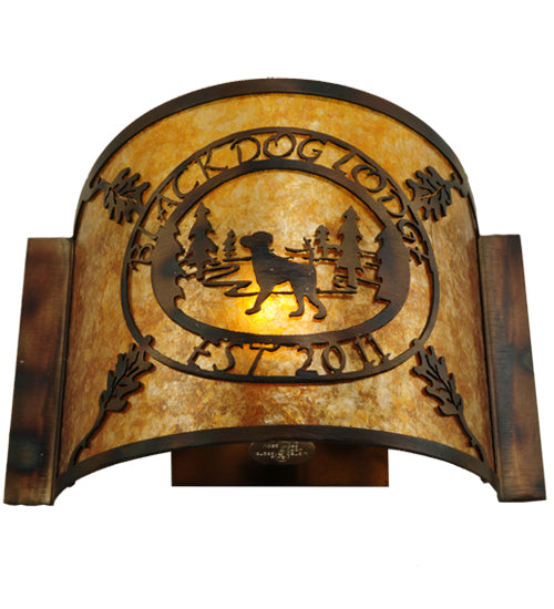 Meyda Lighting Personalized 12" Burnished Antique Copper Black Dog Lodge Wall Sconce With Amber Mica Shade Glass