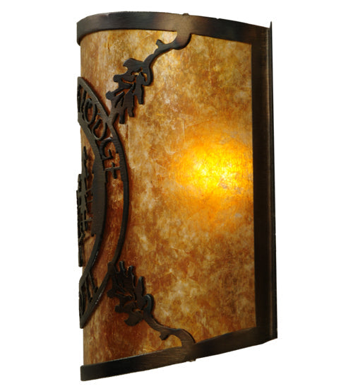 Meyda Lighting Personalized 12" Burnished Antique Copper Black Dog Lodge Wall Sconce With Amber Mica Shade Glass