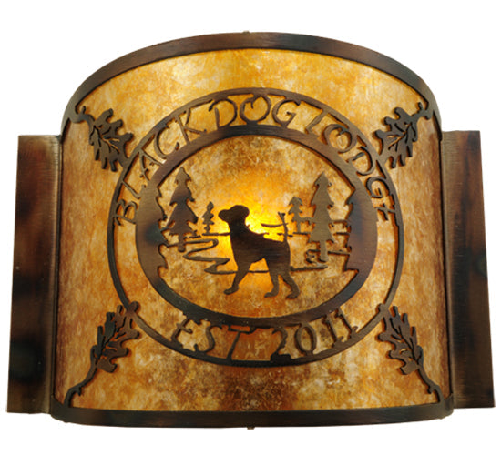 Meyda Lighting Personalized 12" Burnished Antique Copper Black Dog Lodge Wall Sconce With Amber Mica Shade Glass