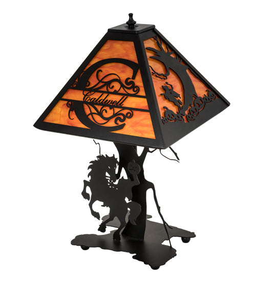 Meyda Lighting Personalized 13" Textured Black Headless Horseman Table Lamp With Tangarine Acrylic Shade