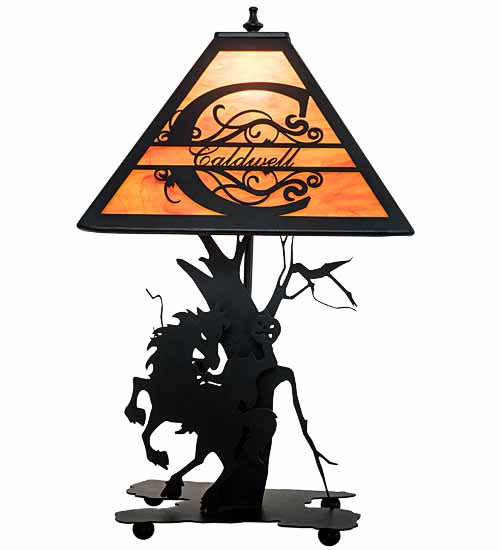 Meyda Lighting Personalized 13" Textured Black Headless Horseman Table Lamp With Tangarine Acrylic Shade