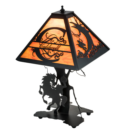 Meyda Lighting Personalized 13" Textured Black Headless Horseman Table Lamp With Tangarine Acrylic Shade