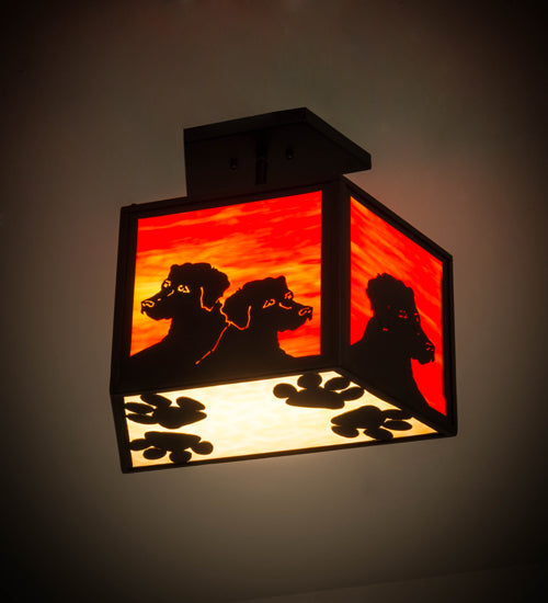 Meyda Lighting Personalized 16" 2-Light Solar Black DiCastro's Flush Mount Light With Orange & Beige Shade Glass