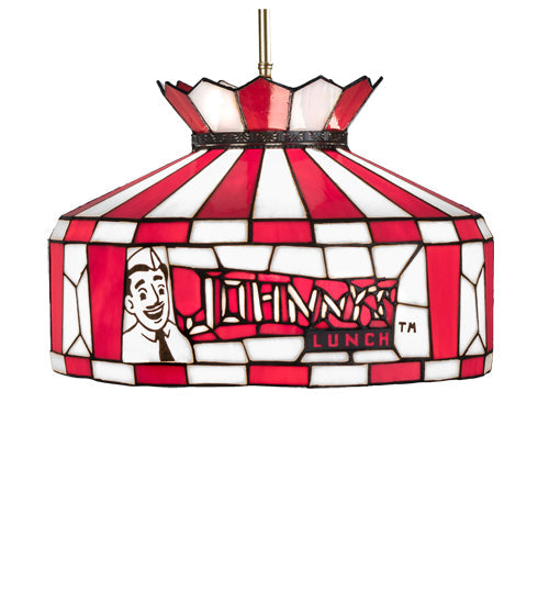Meyda Lighting Personalized 16" Brushed Nickel Johnny's Lunch Pendant Light With Red & White Shade Glass