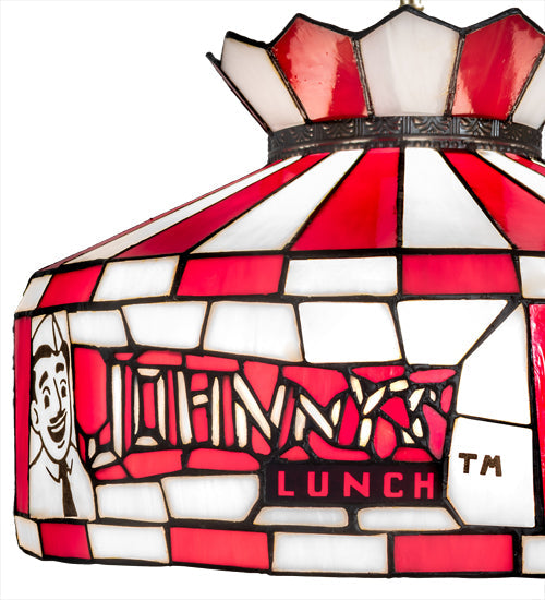 Meyda Lighting Personalized 16" Brushed Nickel Johnny's Lunch Pendant Light With Red & White Shade Glass