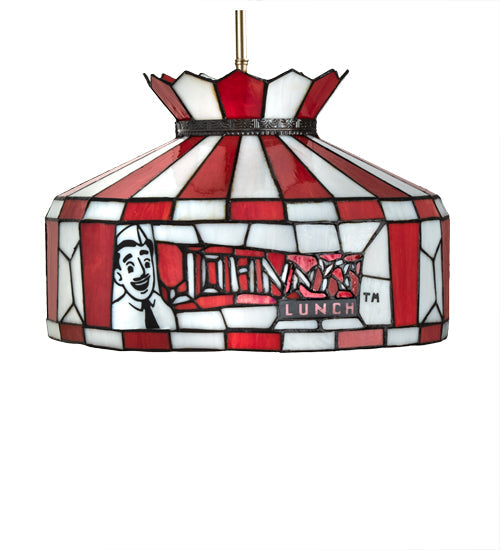 Meyda Lighting Personalized 16" Brushed Nickel Johnny's Lunch Pendant Light With Red & White Shade Glass