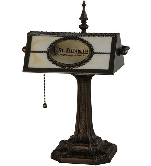 Meyda Lighting Personalized 17" Mahogany Bronze St. Elizabeth's Hospital Bankers Table Lamp With Beige Shade Glass