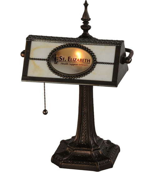 Meyda Lighting Personalized 17" Mahogany Bronze St. Elizabeth's Hospital Bankers Table Lamp With Beige Shade Glass
