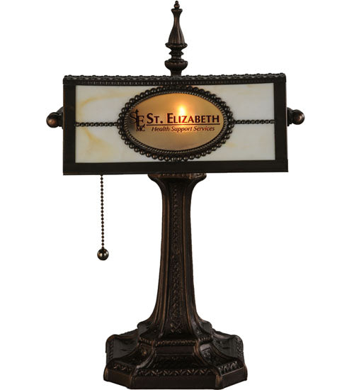 Meyda Lighting Personalized 17" Mahogany Bronze St. Elizabeth's Hospital Bankers Table Lamp With Beige Shade Glass