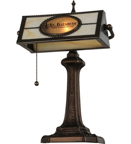 Meyda Lighting Personalized 17" Mahogany Bronze St. Elizabeth's Hospital Bankers Table Lamp With Beige Shade Glass