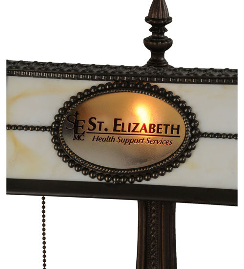 Meyda Lighting Personalized 17" Mahogany Bronze St. Elizabeth's Hospital Bankers Table Lamp With Beige Shade Glass