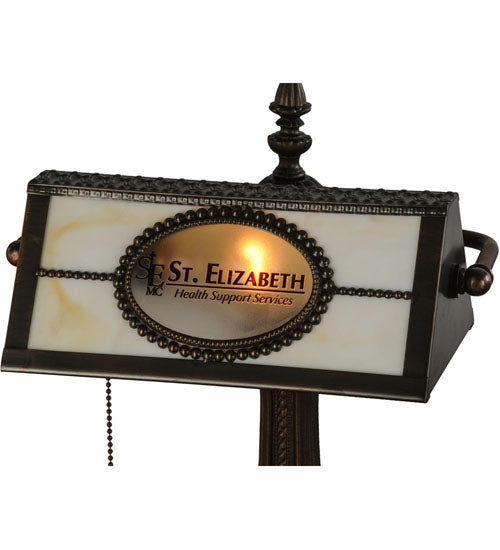Meyda Lighting Personalized 17" Mahogany Bronze St. Elizabeth's Hospital Bankers Table Lamp With Beige Shade Glass