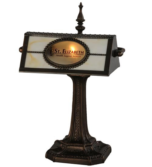 Meyda Lighting Personalized 17" Mahogany Bronze St. Elizabeth's Hospital Bankers Table Lamp With Beige Shade Glass