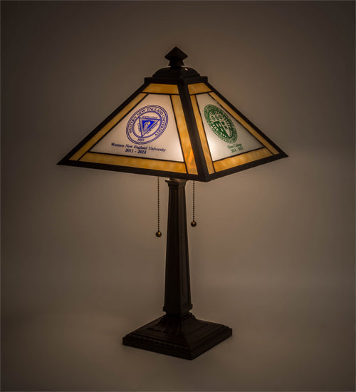 Meyda Lighting Personalized 18" 2-Light Mahogany Bronze Graduation Present Table Lamp With Multi-Colored Shade Glass