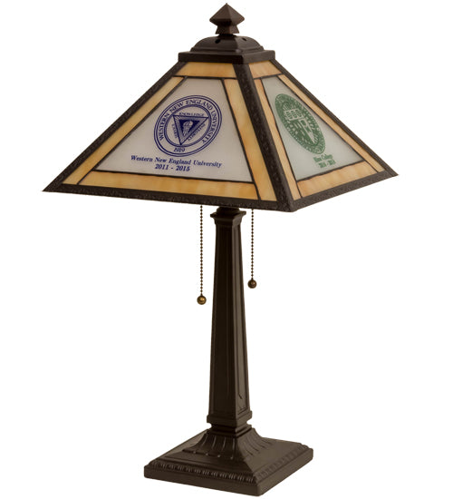 Meyda Lighting Personalized 18" 2-Light Mahogany Bronze Graduation Present Table Lamp With Multi-Colored Shade Glass