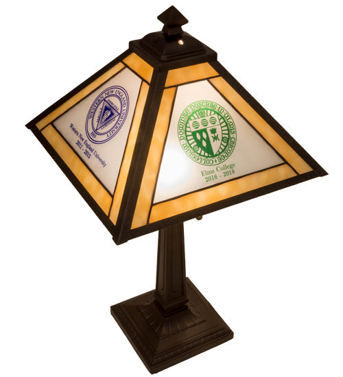 Meyda Lighting Personalized 18" 2-Light Mahogany Bronze Graduation Present Table Lamp With Multi-Colored Shade Glass