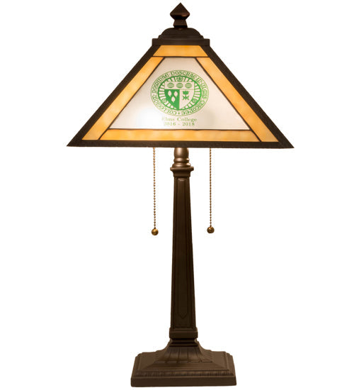 Meyda Lighting Personalized 18" 2-Light Mahogany Bronze Graduation Present Table Lamp With Multi-Colored Shade Glass