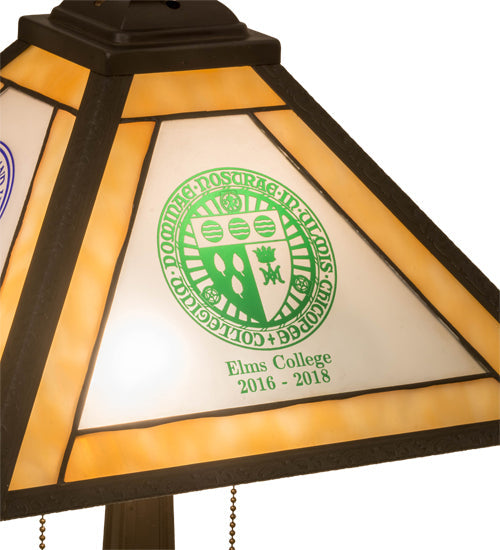 Meyda Lighting Personalized 18" 2-Light Mahogany Bronze Graduation Present Table Lamp With Multi-Colored Shade Glass