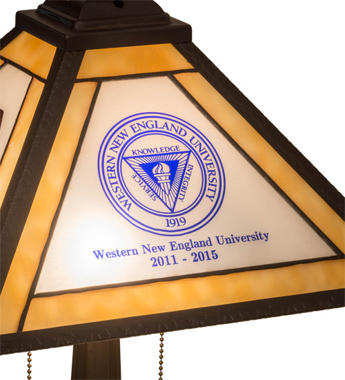 Meyda Lighting Personalized 18" 2-Light Mahogany Bronze Graduation Present Table Lamp With Multi-Colored Shade Glass