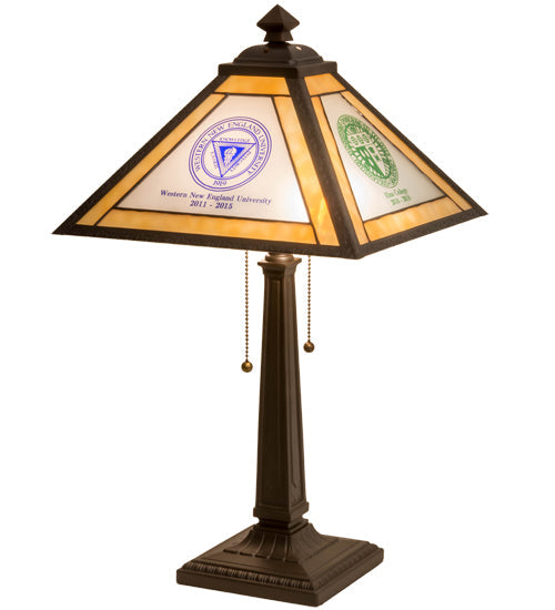 Meyda Lighting Personalized 18" 2-Light Mahogany Bronze Graduation Present Table Lamp With Multi-Colored Shade Glass
