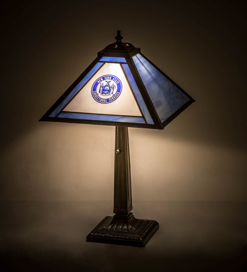 Meyda Lighting Personalized 23" Antique Brass Corrections Table Lamp With Blue & Frosted Clear Shade Glass