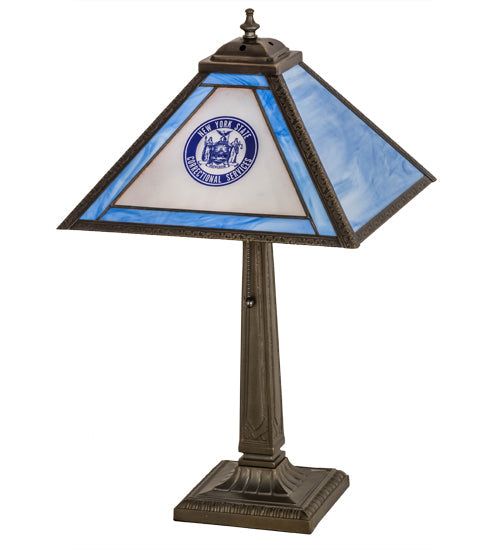 Meyda Lighting Personalized 23" Antique Brass Corrections Table Lamp With Blue & Frosted Clear Shade Glass