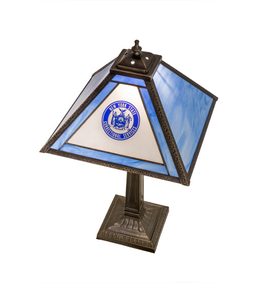 Meyda Lighting Personalized 23" Antique Brass Corrections Table Lamp With Blue & Frosted Clear Shade Glass