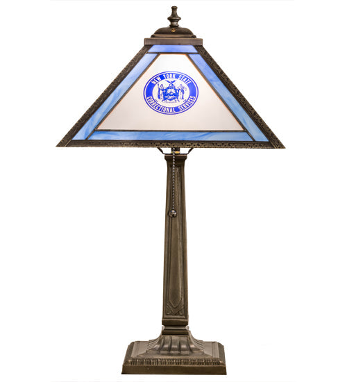 Meyda Lighting Personalized 23" Antique Brass Corrections Table Lamp With Blue & Frosted Clear Shade Glass
