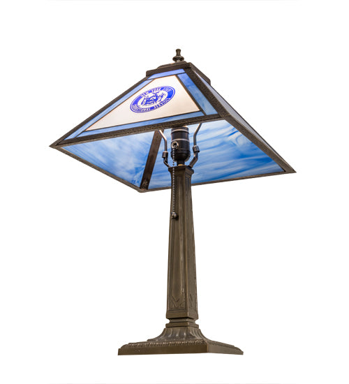 Meyda Lighting Personalized 23" Antique Brass Corrections Table Lamp With Blue & Frosted Clear Shade Glass