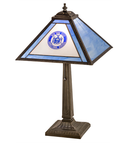 Meyda Lighting Personalized 23" Antique Brass Corrections Table Lamp With Blue & Frosted Clear Shade Glass