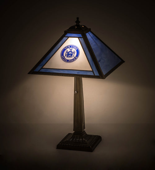 Meyda Lighting Personalized 23" Antique Brass State Trooper Table Lamp With Blue & Frosted Clear Shade Glass