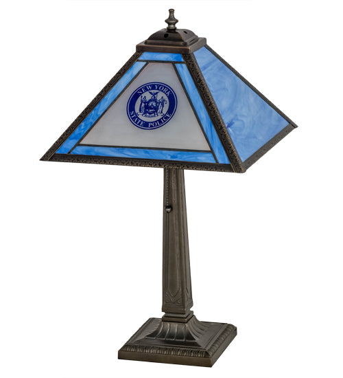 Meyda Lighting Personalized 23" Antique Brass State Trooper Table Lamp With Blue & Frosted Clear Shade Glass