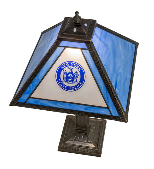 Meyda Lighting Personalized 23" Antique Brass State Trooper Table Lamp With Blue & Frosted Clear Shade Glass