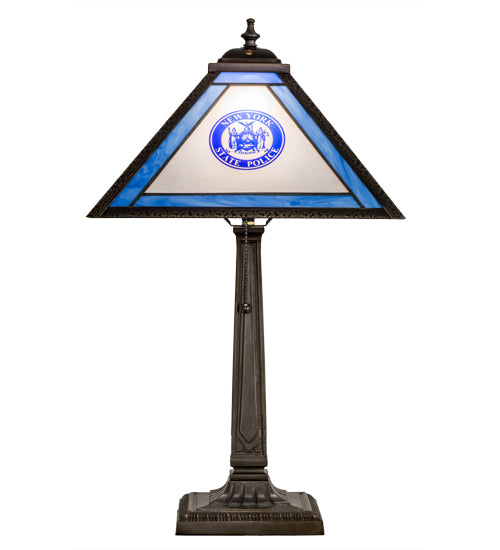 Meyda Lighting Personalized 23" Antique Brass State Trooper Table Lamp With Blue & Frosted Clear Shade Glass