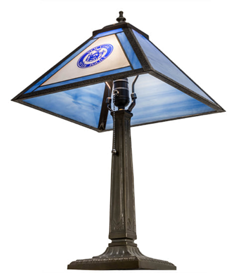 Meyda Lighting Personalized 23" Antique Brass State Trooper Table Lamp With Blue & Frosted Clear Shade Glass