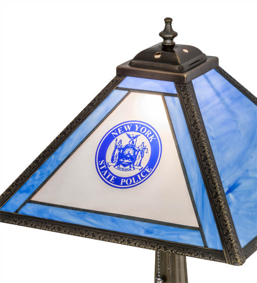 Meyda Lighting Personalized 23" Antique Brass State Trooper Table Lamp With Blue & Frosted Clear Shade Glass