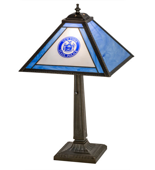 Meyda Lighting Personalized 23" Antique Brass State Trooper Table Lamp With Blue & Frosted Clear Shade Glass