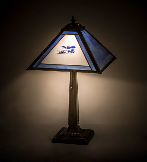 Meyda Lighting Personalized 23" Antique Brass Torch Run Table Lamp With Blue & Frosted Clear Shade Glass
