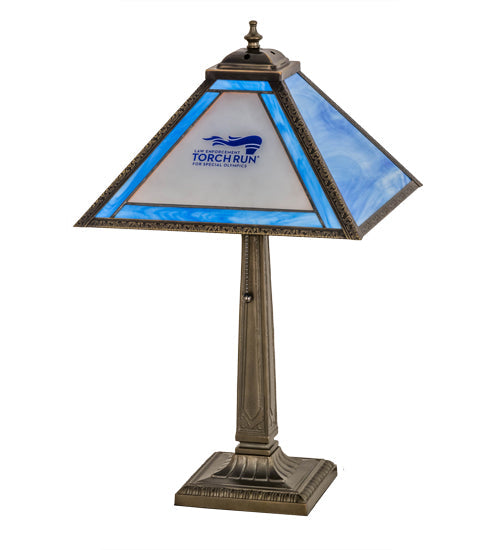 Meyda Lighting Personalized 23" Antique Brass Torch Run Table Lamp With Blue & Frosted Clear Shade Glass