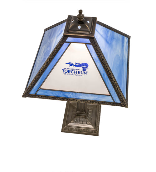 Meyda Lighting Personalized 23" Antique Brass Torch Run Table Lamp With Blue & Frosted Clear Shade Glass