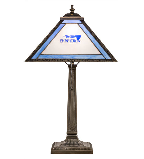 Meyda Lighting Personalized 23" Antique Brass Torch Run Table Lamp With Blue & Frosted Clear Shade Glass