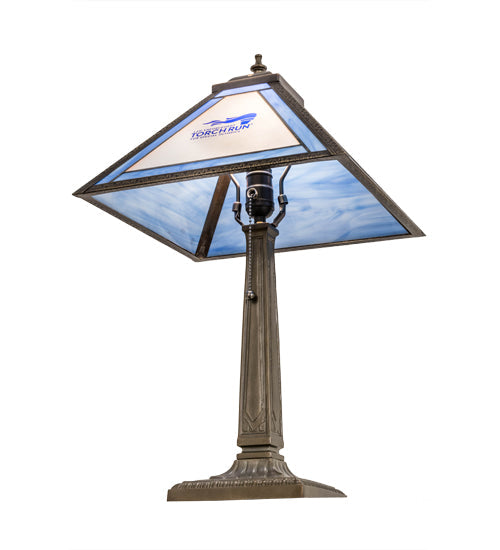 Meyda Lighting Personalized 23" Antique Brass Torch Run Table Lamp With Blue & Frosted Clear Shade Glass