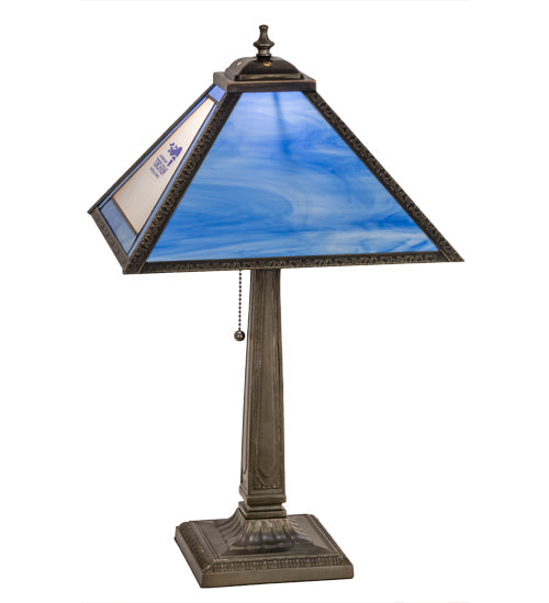 Meyda Lighting Personalized 23" Antique Brass Torch Run Table Lamp With Blue & Frosted Clear Shade Glass